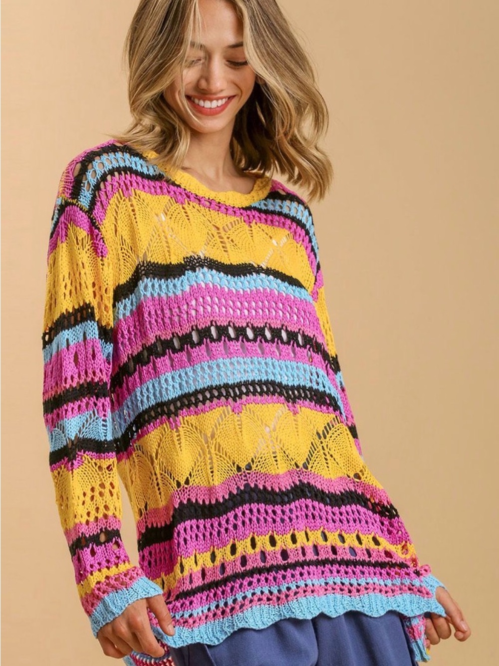 Umgee Open-Knit Scoop Neck Sweater in Yellow, Pink, Blue
